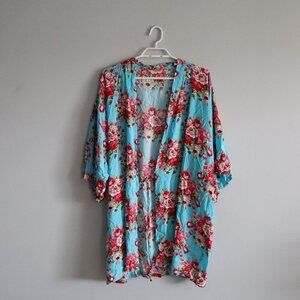 Floral Women's Sz L/XL Open Front Mid Sleeve Cover Up‎ Wrap Kimono Robe